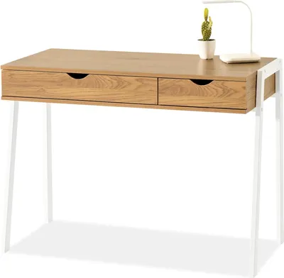 A desk with two drawers and a small potted cactus and a lamp on top.