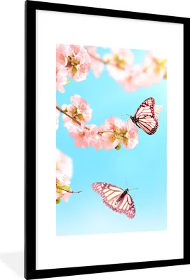 Produktbild von MuchoWow® Gerahmtes Poster Schmetterlinge - Baum - Blumen 60x90 cm - Poster mit Schwarzem Bilderrahmen Wandposter Rahmen Foto Bilder - Dekoration - Wandposter Wohnzimmer - Hochwertig