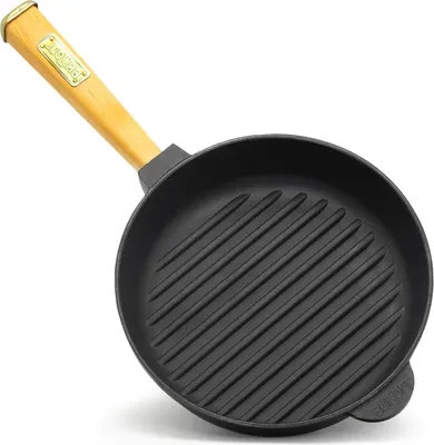 Produktbild von Grillpfanne aus Gusseisen 24 cm Steakpfanne BRIZOLL Bratpfanne Holzgriff Gusseisenpfanne Feuerpfanne Gusspfanne Cast Iron Pan alle Herdarten Induktion