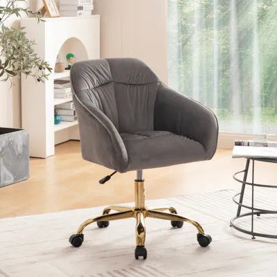 Productafbeelding van AIORBER Draaistoel (1 stuks), in hoogte verstelbaar, met goudkleurige poten, rugleuning, armleuningen en wielen, 360° draaibaar, ademend, 44x44x85cm, grijs