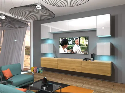 Produktbild von Furnitech Wohnwand Wohnzimmer - Wohnzimmer Möbel mit LED Weiß - Hängend Wohnwand Modern - Wohnzimmer Schrankwand(Nowara AN1-17WD-HGM46 1B)