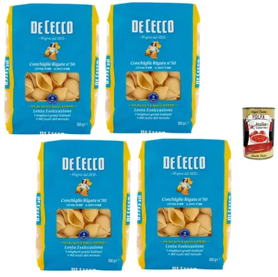 Produktbild von De Cecco Italian Gourmet Bundle 4x De Cecco Conchiglie Rigate n. 50 500 g + Italian Gourmet Polpa, italienische Pasta aus Hartweizengrieß, Muschelnudeln, langsam getrocknet, Vorratspack 2 kg