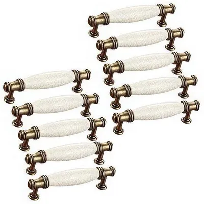 Produktbild von Antike messing Keramikhände, 10 Stück, gelb-kraquelé, 128 mm Abstand, für Schränke, Küchen, Badezimmer und Lades.