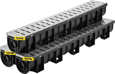 Zdjęcie produktu dla System odpływowy, kanał odpływowy z metalową kratką, kanał odpływowy HDPE 150 x 130 mm, czarny plastikowy odpływ podłogowy do garażu, kratka odpływowa 3 x 39, z 3 zaślepkami, do ogrodu, podjazdu – zestaw 3 sztuki