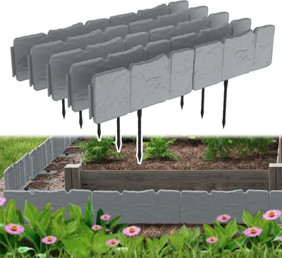 A garden border made of interlocking plastic pieces with a stone-like texture, shown both as a product display and installed around a raised garden bed with plants and flowers.