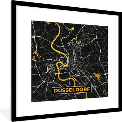 Produktbild von MuchoWow® Gerahmtes Poster Düsseldorf - Gold - Stadtplan - Karte - Deutschland 40x40 cm - Poster mit Schwarzem Bilderrahmen Wandposter Rahmen Foto Bilder - Poster - Plakat im Rahmen