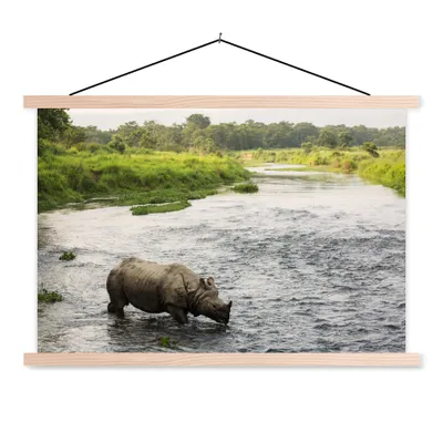 Produktbild von MuchoWow® Textilposter Nashorn im Wasser 120x80 cm mit holzfarbenen Rahmen - Aufhängeset