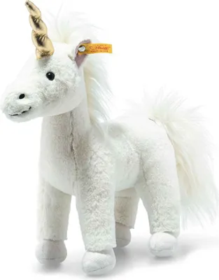 A white plush unicorn toy with a gold horn and white mane and tail, standing on a white background.