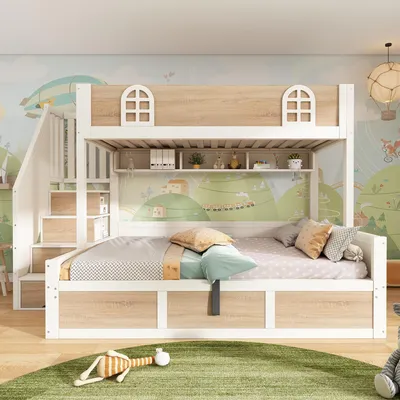 Produktbild von okwish Etagenbett 90/140x200 Stockbett mit Treppenschrank und Bettkasten,Kinderbett Jugendbett mit Lattenroste und Rausfallschutz,Natur(ohne Matratze)