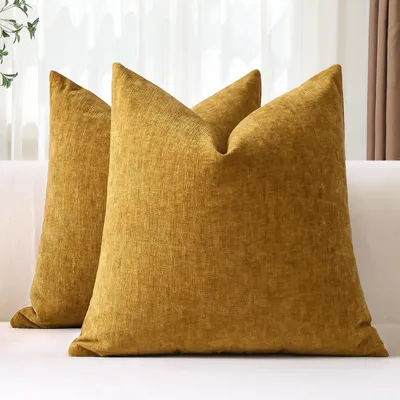 Productafbeelding van Chenille kussenhoezen, set van 2, 60x60 cm, goudgeel, zachte decoratieve kussens
