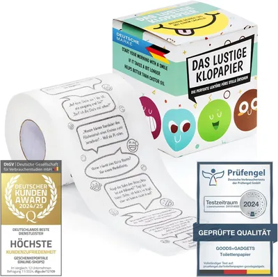A roll of toilet paper with printed jokes and its packaging, along with award badges.