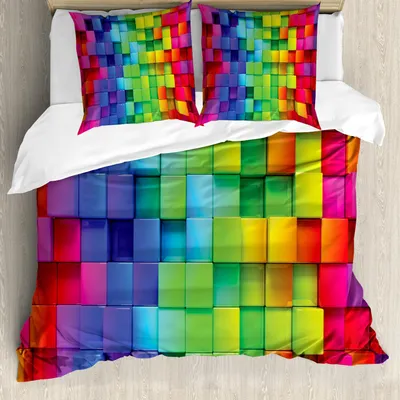 Produktbild von ABAKUHAUS Bunt Bettbezug Set, Regenbogen Quadrate Abstrakte Thema Futuristische Ziegelsteine Illustration Muster, 155 x 220 cm + 80 x 80 cm, Mehrfarbig