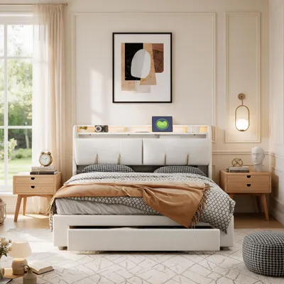 Immagine prodotto di Letto matrimoniale idraulico INONEFT, 160x200 cm, con 1 cassetto, dotato di luci LED e prese USB, letto imbottito con spazio contenitivo nella testiera, rivestito in velluto color beige