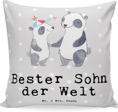 Produktbild von Mr. & Mrs. Panda Kuschel Kissen Panda Bester Sohn der Welt - Grau Pastell - Geschenk, Vater, Deko, Polsterkissen, Geschenkidee, Bub, 40x40, Familie, Dankeschön, Polster