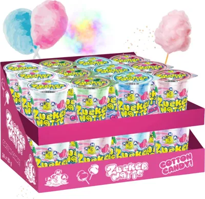 Produktbild von AHA Zuckerwatte Set im Becher 7 Sorten 24 x 20g wie auf dem Jahrmarkt