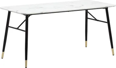 Esszimmertisch 180x90 Marmor-Optik Weiß mit weißer Marmorplatte und schwarzen Metallbeinen in Gesamtansicht.