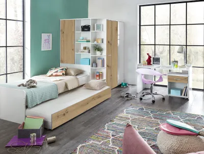 Produktbild von Jugendzimmer Joker 5 teilig in Weiß und Artisan Eiche Kinderzimmer Komplett Set