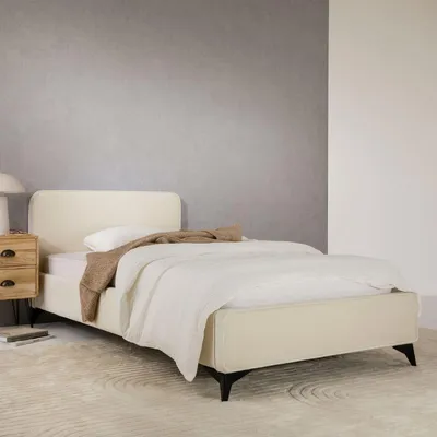 Produktbild von Polsterbett LAVORO Einzelbett 90x200, cremeweiß - Bett mit Lattenrost und Samtstoffbezug, Bettgestell mit gepolstertem Kopfteil, modernes Design, Robuster Holzrahmen & Metallbeine