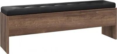 A bench with a black upholstered seat and a wooden base.