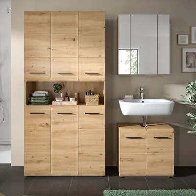 Produktbild von Badmöbel-Set 3-teilig in Eiche, inkl. Spiegelschrank - IGGESUND-158