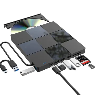 Produktbild von 7-in-1 externes DVD Laufwerk USB3.0 + Type-C, ultradünner CD/DVD-RW Brenner, Laptop & PC, 24x CD, 8x DVD, TF/SD-Kartenlese