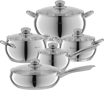 Produktbild von Topfset mit Deckel, 10-teilig, für alle Herdarten | Edelstahl-Kochtopfset, 16/18/20/24/24 cm