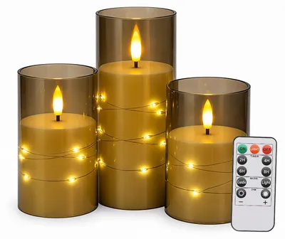 Image de Vigevee, ensemble de 3 bougies LED avec guirlande lumineuse et télécommande, effet scintillement, lumière blanc chaud, avec des gobelets en acrylique gris