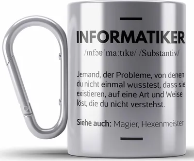Produktbild von Trendation - Informatiker Edelstahl Tasse Karabiner Geschenk Programmierer Gadget Lustig Geschenkidee Männer Zubehör Informatiklehrer IT (Silber)