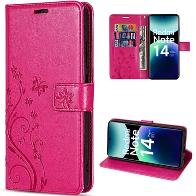 Image de Coque pour Xiaomi Redmi Note 14 Pro Plus 5G, Protection Rabat Effet Cuir Fuchsia Motif Papillon