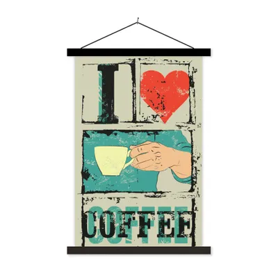 Produktbild von MuchoWow® Textilposter Kaffee - Sprichwörter - Vintage - Zitate - Ich liebe Kaffee 60x90 cm mit schwarzem Rahmen - Poster Wohnzimmer