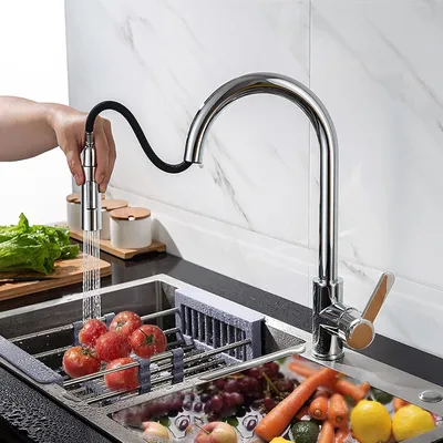 Image de Robinet de cuisine extractible à 360°, en acier inoxydable chromé, pour haute pression