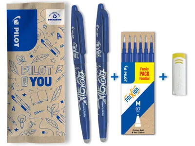 A product shot of a set of Pilot FriXion pens and refills.