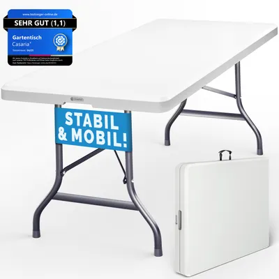 Obrázek produktu pro Casaria® Zahradní stůl 183 x 76 cm, skládací, odolný proti povětrnostním vlivům, přenosný, plastový, bufetový stůl, do zahrady, na terasu, na kempování, balkonový stůl, skládací stůl, kempingový stůl, bílý