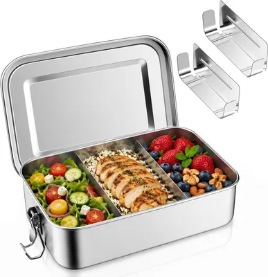 Imagen del producto de Contenedor de acero inoxidable de 2400 ml, lonchera con 2 compartimentos extraíbles, anillo de sellado, cierre con clip, a prueba de fugas, apto para lavavajillas, ideal para la escuela y la oficina