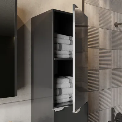 Produktbild von KAREN banyo Badezimmer Hochschrank Lotus Anthrazit Hochglanz| 138,5 x 35 x 36,5 cm| Softclose-Türen | Griffleisten aus Chrom | Moderner Stil | Badezimmerschrank Badschrank Badhochschrank Badregal
