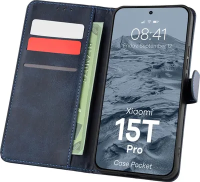 A dark blue wallet-style phone case for a Xiaomi 15T Pro, shown open with cards and cash inside, and the phone displaying its screen.