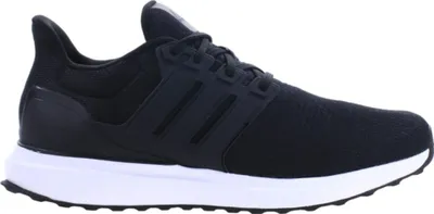 A side view of a black Adidas running shoe with a white sole, isolated on a white background.
