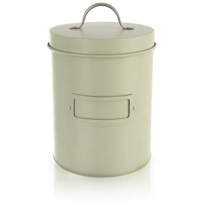 A light green metal storage container with a handle on top and a label holder on the front, isolated on a white background.