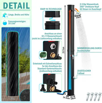 Produktbild von Bettizia Solardusche 20-60 Liter | schwenkbarem Duschkopf & Fußdusche | Schwarz/Silber | bis 60°C | mit Gartenschlauch