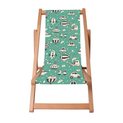 A children's deck chair with a pattern of various vehicles and objects.