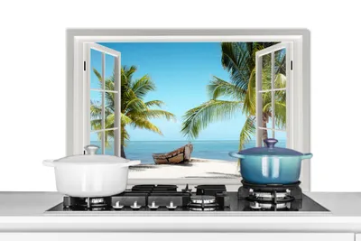 Obrázok produktu pre MuchoWow® Splashback kuchyňa - kuchynský backsplash - ochrana steny pre sporák a drez - výhľad - pláž - palma - loď - tropické - more - modrá 80x55 - alu-dibond (alternatíva k sklenenému splashbacku) - odolný voči teplu - splashback sporáka - ochrana dlaždíc - odolný voči teplote - kryt sporáka - ochrana steny pre sporák a drez