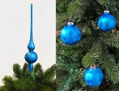 Produktbild von Thüringer Glas Eislack Christbaumspitze + 12x Christbaumkugeln 6cm Spitze Kugel Meerblau