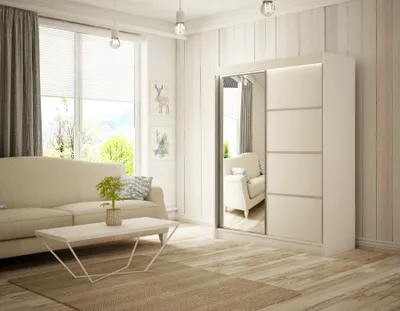 Image de Armoire Padwa 150 cm avec 2 portes coulissantes et miroir, tringle à vêtements, penderie, livraison à domicile (couleur : blanc)