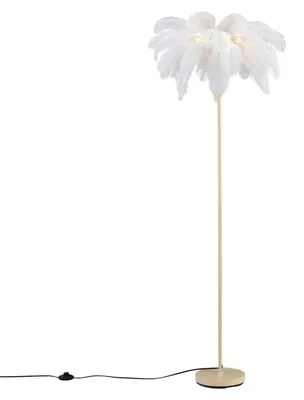 Produktbild von Qazqa Art Deco Stehleuchte mit Schirm, Stehlampe - Peahen - Beige, Rund, max. 10W, Geeignet für LED, 5-flammig, 160cm, Ideal als Wohnzimmerlampe