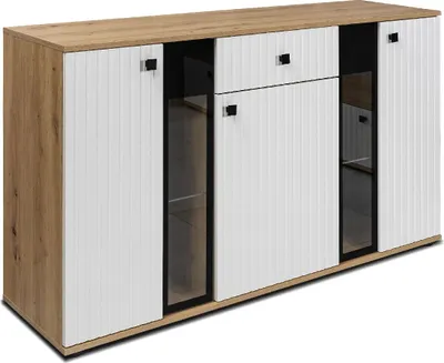 Produktbild von Kommode SALSA MDF Front mit LAMELLEN-Fräsung Sideboard 140,4 cm mit Schubladen mit 3 Türen Highboard Schrank Wohnzimmer Weiß/ Artisan