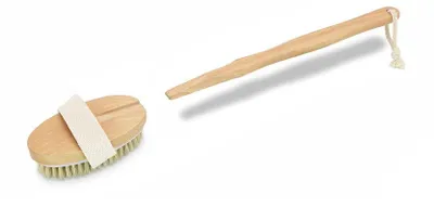 Produktbild von Badebürste Rückenbürste Trockenbürste mit langem Stiel aus Holz 2 in 1 mit abnehmbarem Bürstenkopf Körperbürste Saunabürste Naturborsten für Peeling Massage Cellulite
