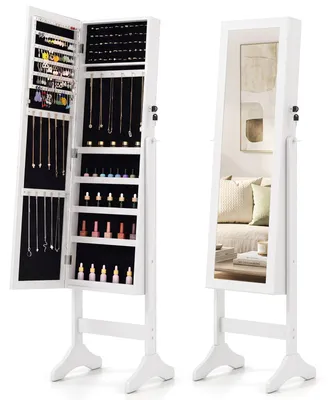 Produktbild von COSTWAY Schmuckschrank, Spiegelschrank, Schmuck Organizer mit Ringschlitzen, Ohrringschlitzen, Kettenhaken & Ablagen, Schmuckaufbewahrung, Weiß