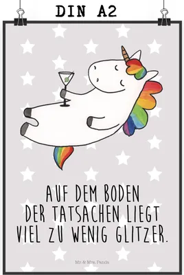Produktbild von Mr. & Mrs. Panda Bild Einhorn Cocktail DIN A2 - Grau Pastell - Geschenk, Unicorn, Plakat, Lustig, Rum, Caipirinha, Wandbild, Wanddekoration, drucke, Geburtstag, wanddeko