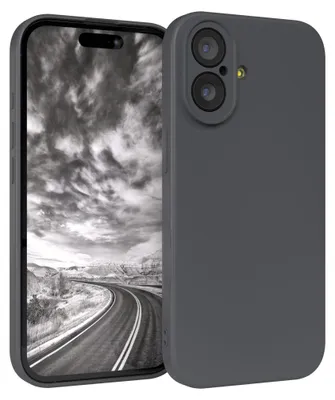 A close-up, angled view of a gray smartphone case, with the phone's screen displaying a black and white landscape image.