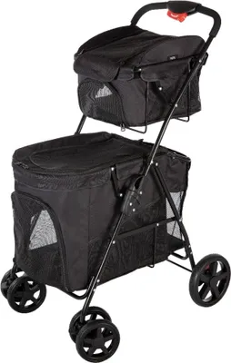 Produktbild von HiPet Hundebuggy Penthouse Schwarz – faltbarer Hundewagen mit erhöhter Kabine, stabilem Rahmen und Einkaufskorb, für Hunde bis 15 kg